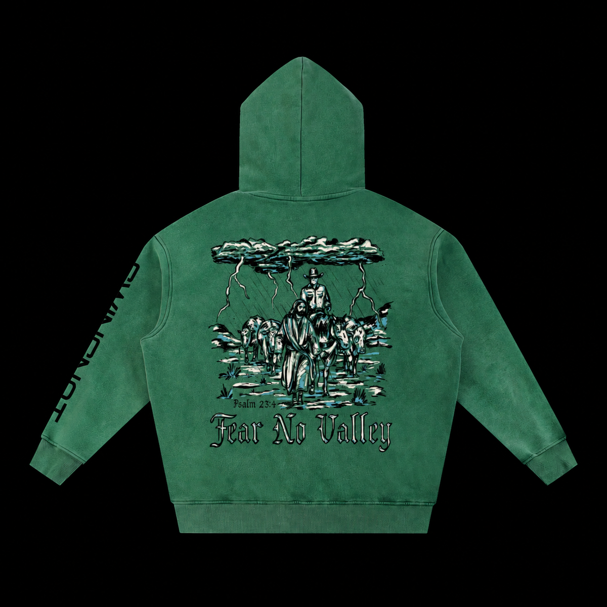 Fear No Valley hoodie — Dark Green, back on black background