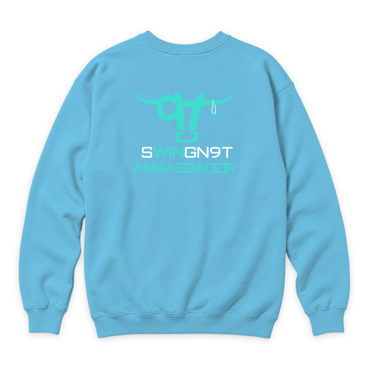 Ambassador Branded Crewneck — Ocean Blue — back view on white
