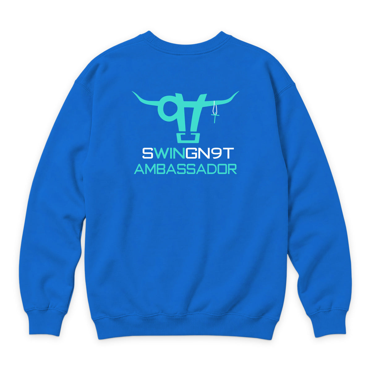 Ambassador Branded Crewneck — True Royal — back view on white
