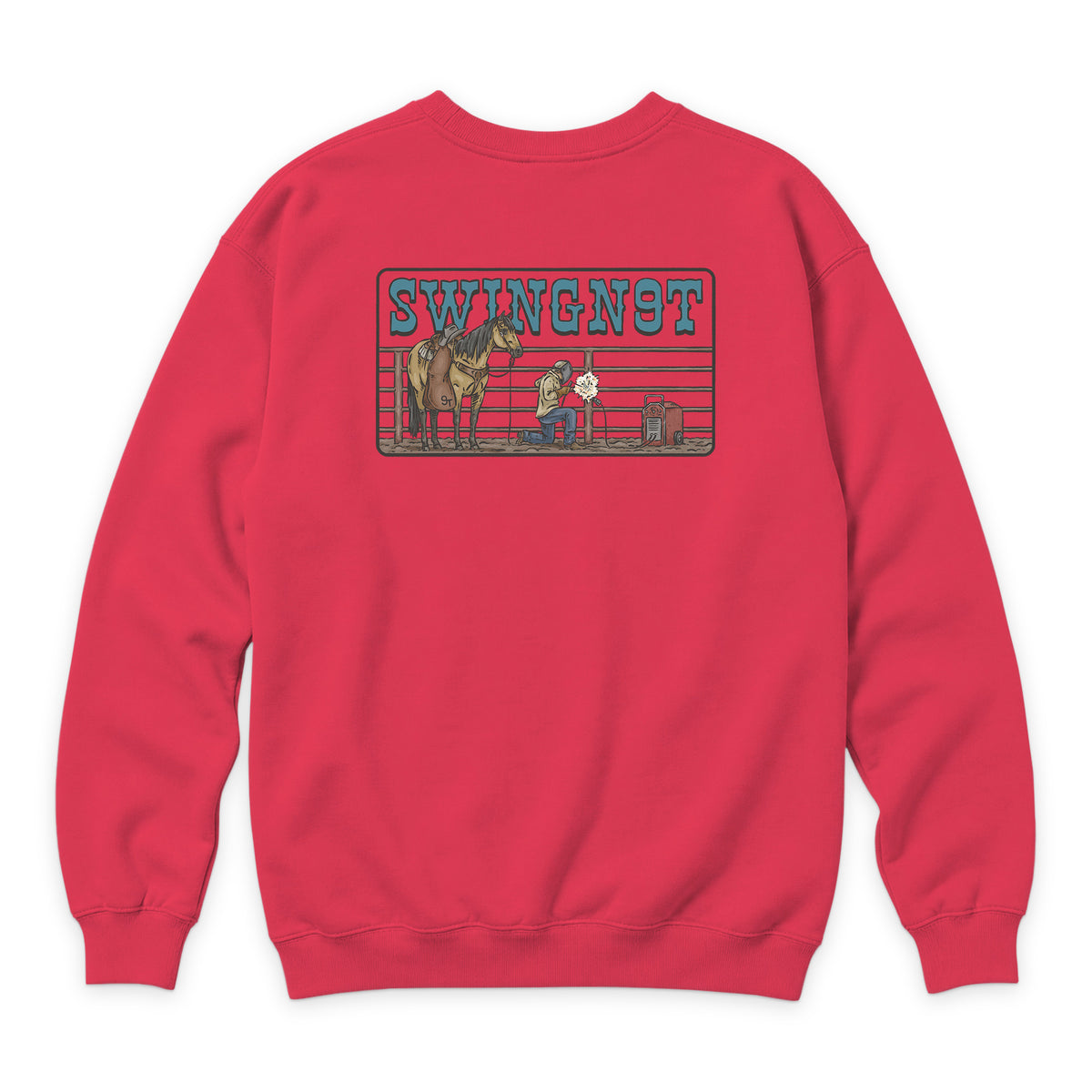 Welder Crewneck — Cardinal — back view on white