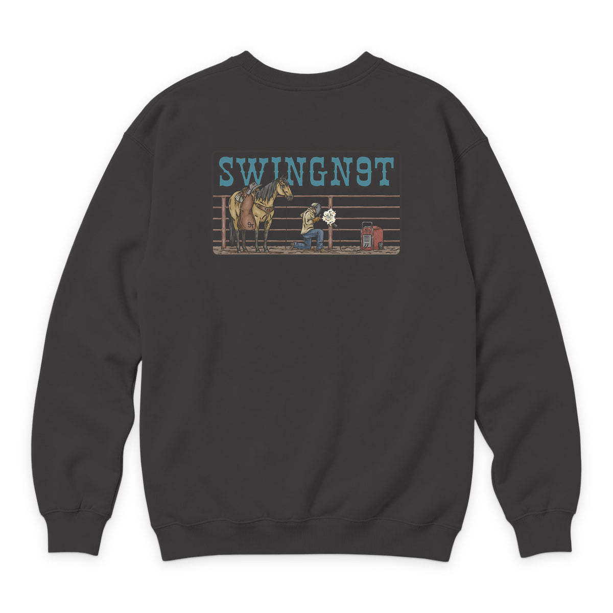 Welder Crewneck — Smoke — back view on white