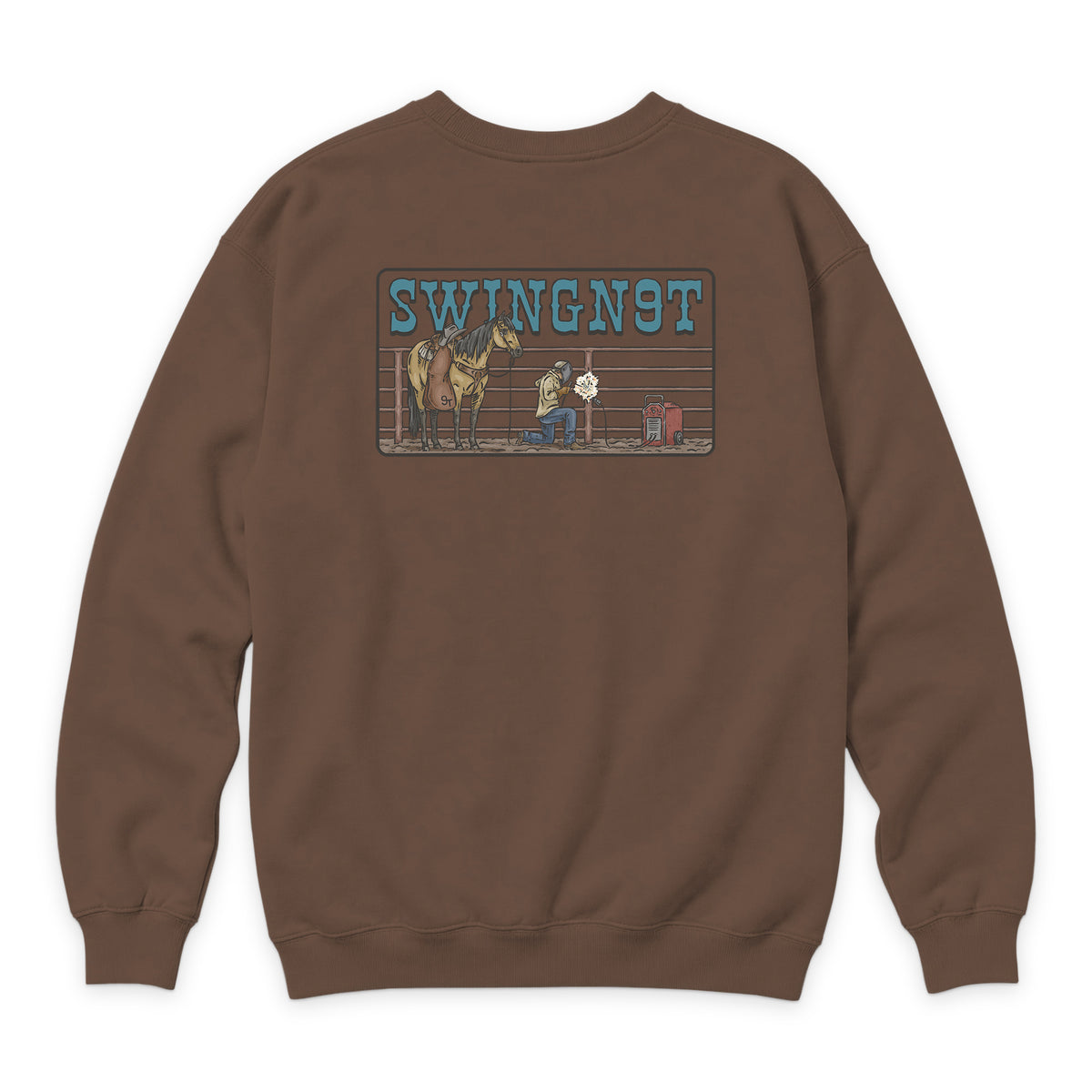 Welder Crewneck — Chestnut — back view on white