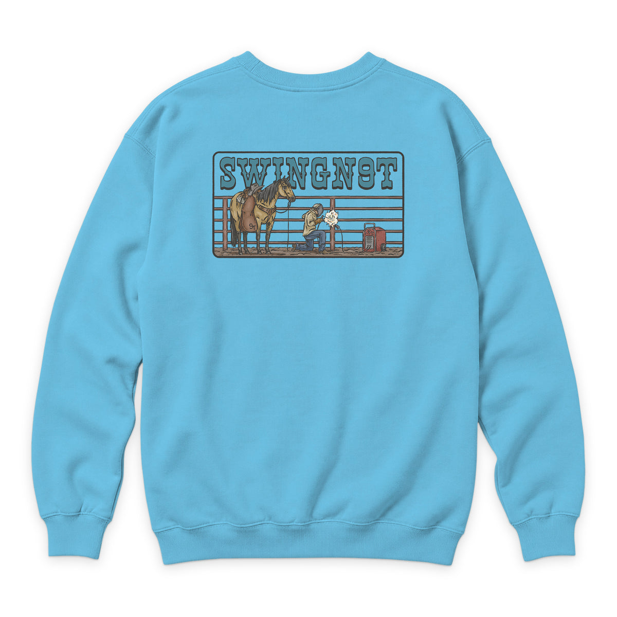 Welder Crewneck — Ocean Blue — back view on white