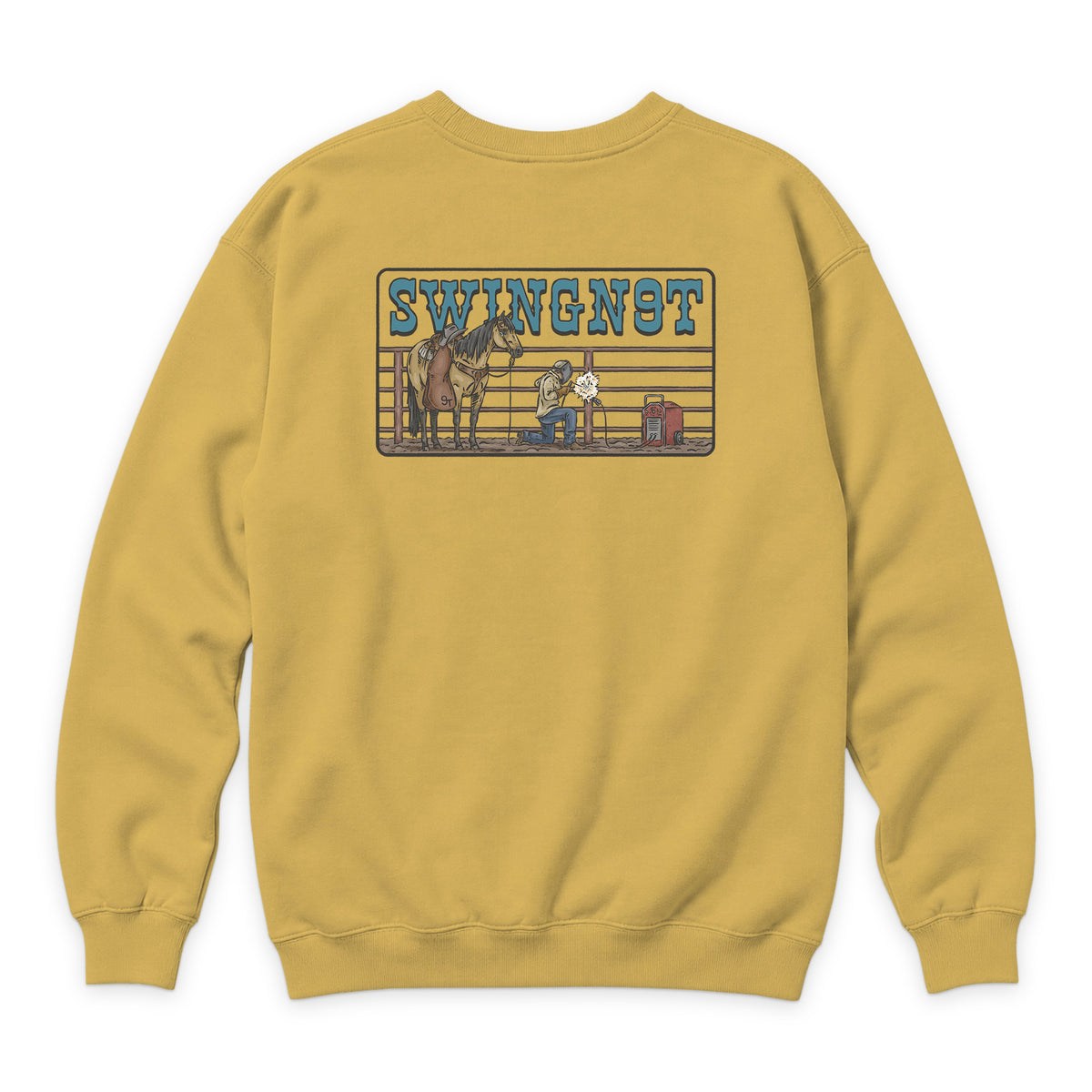 Welder Crewneck — Antique Gold — back view on white