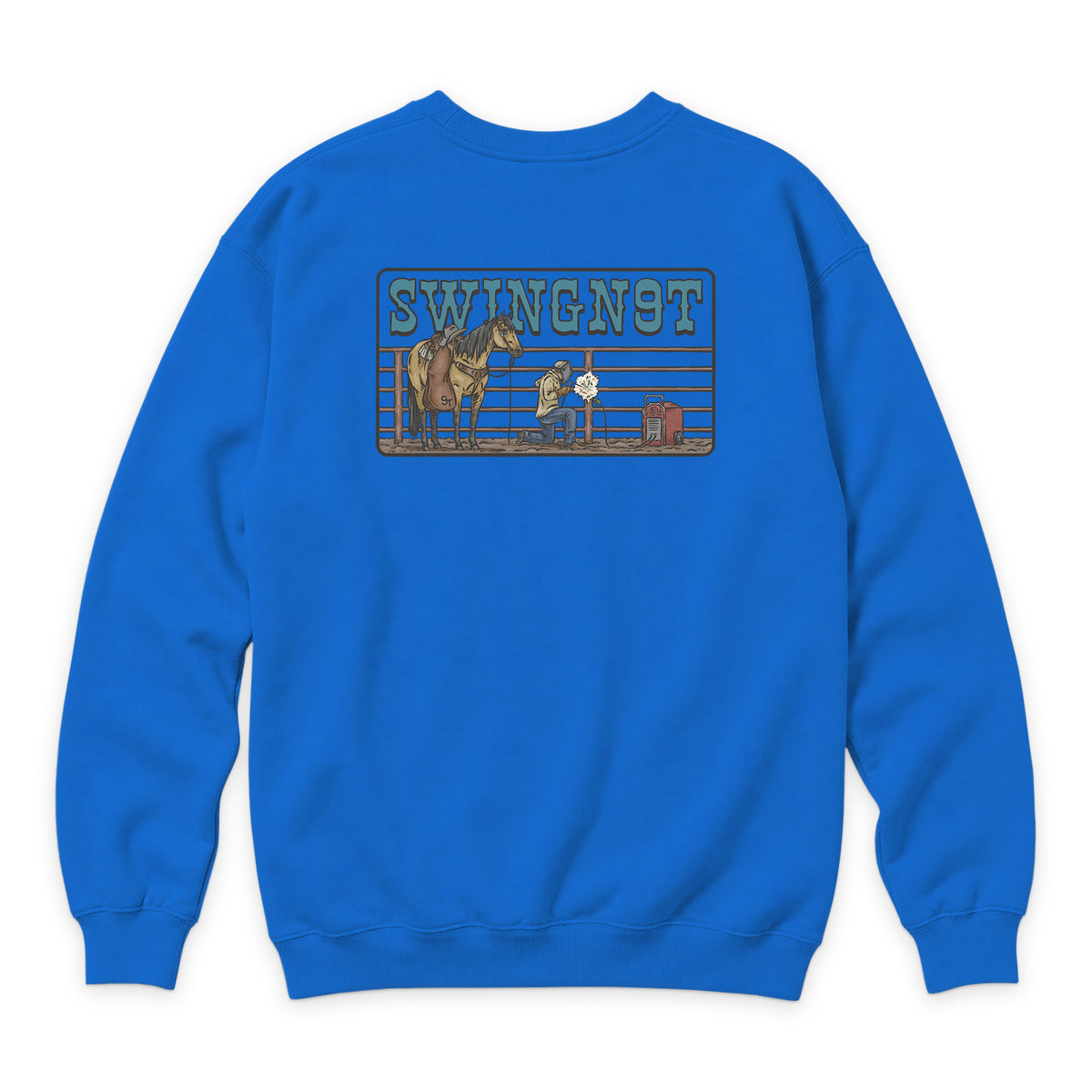 Welder Crewneck — True Royal — back view on white