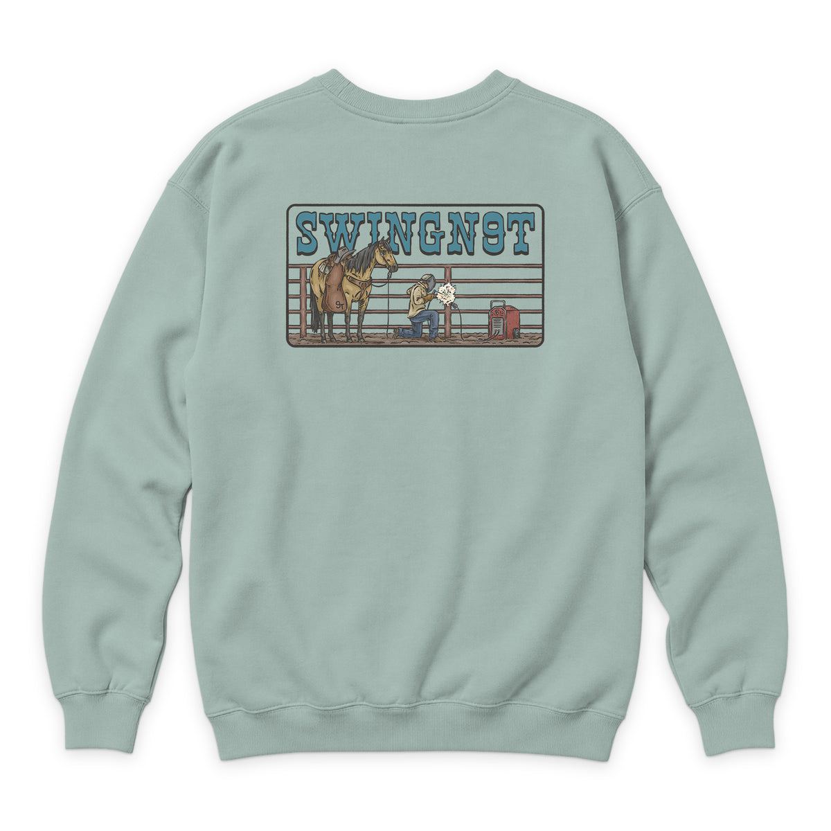 Welder Crewneck — Seafoam — back view on white