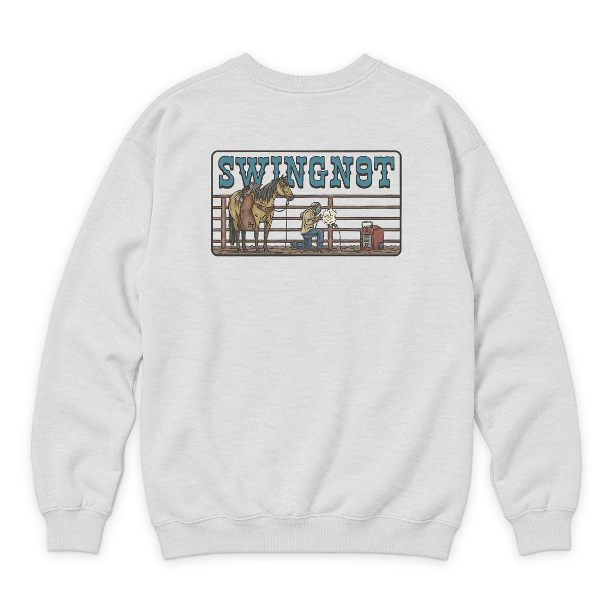Welder Crewneck — Oatmeal Heather — back view on white