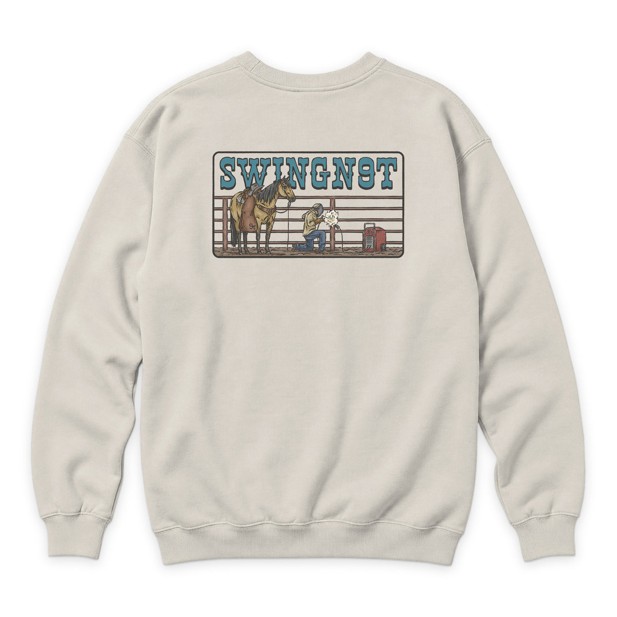 Welder Crewneck — Sandshell — back view on white