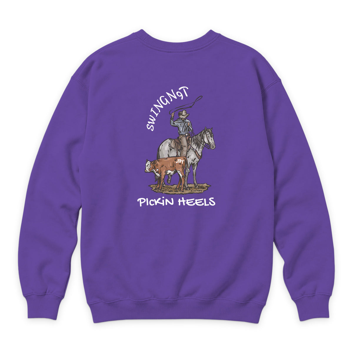 Pickin Heels Crewneck — Purple — back view on white