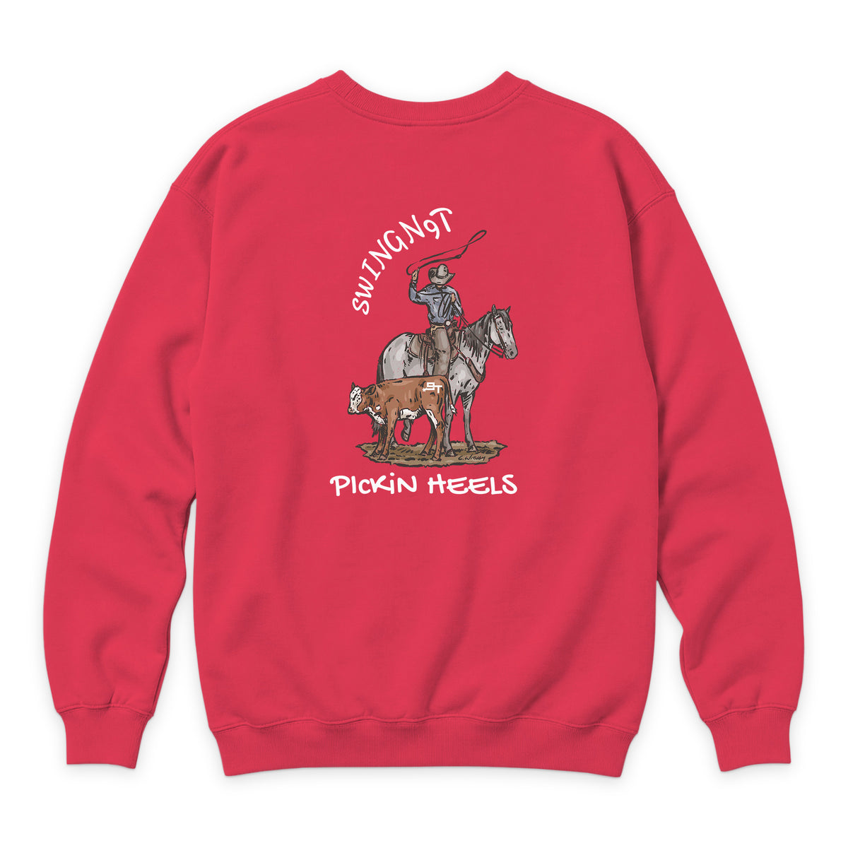 Pickin Heels Crewneck — Cardinal — back view on white