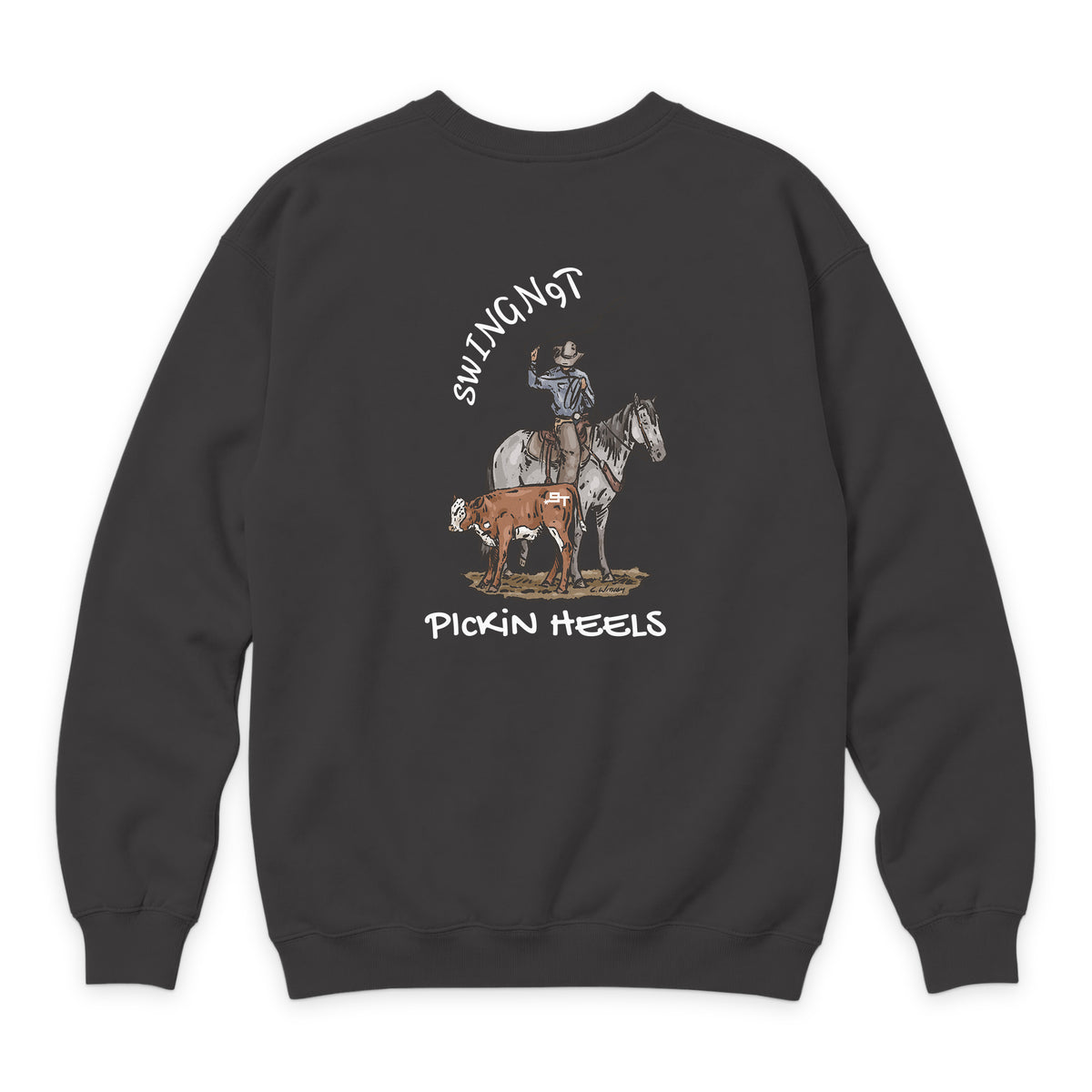 Pickin Heels Crewneck — Smoke — back view on white