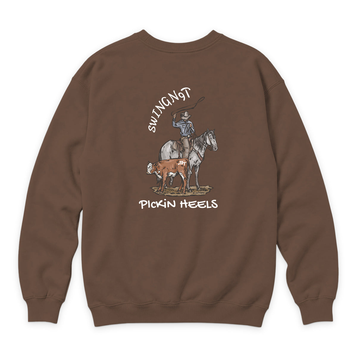 Pickin Heels Crewneck — Chestnut — back view on white