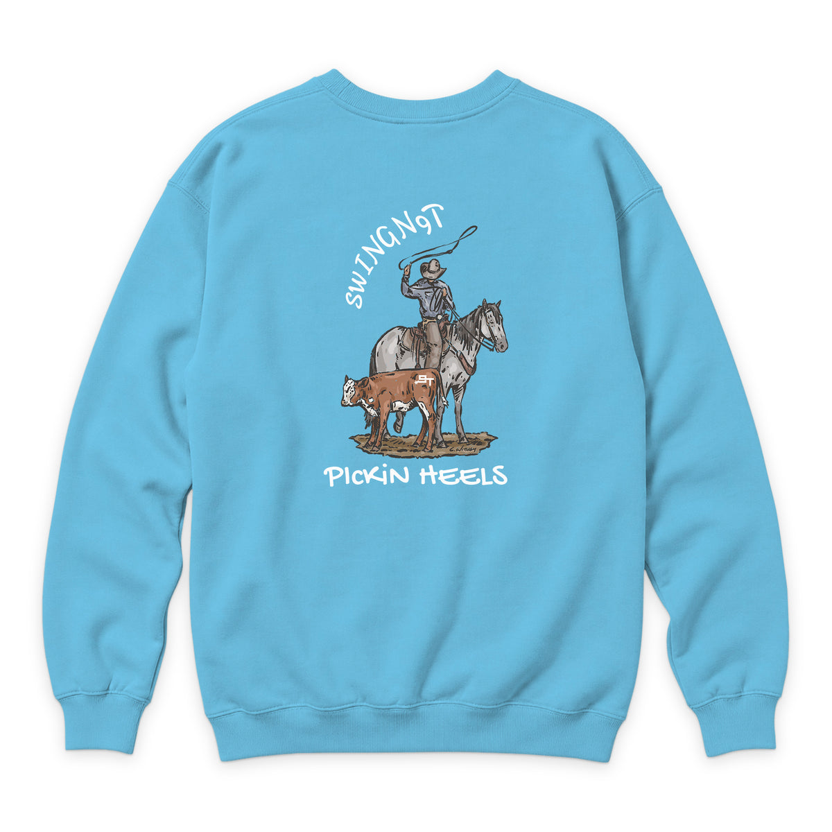 Pickin Heels Crewneck — Ocean Blue — back view on white