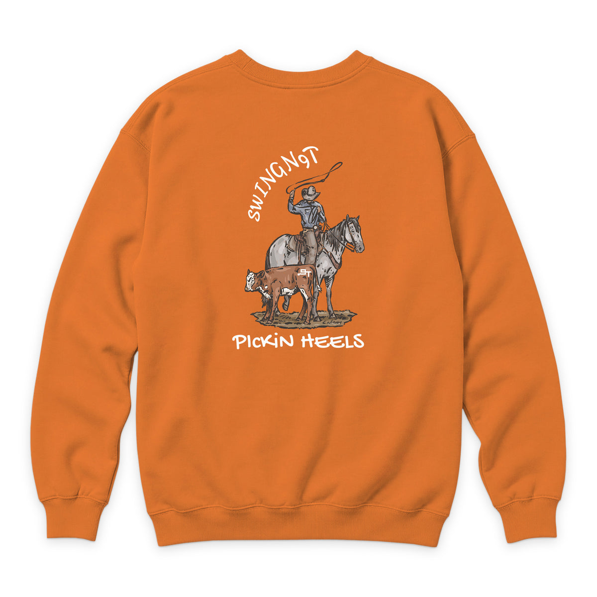 Pickin Heels Crewneck — Carrot — back view on white