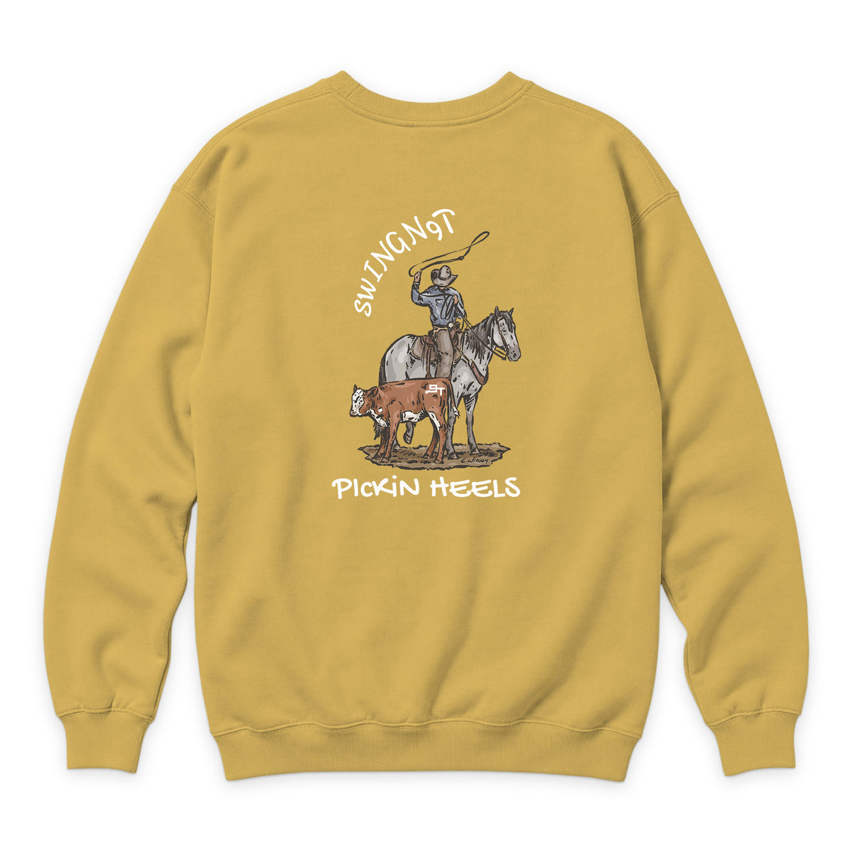 Pickin Heels Crewneck — Antique Gold — back view on white