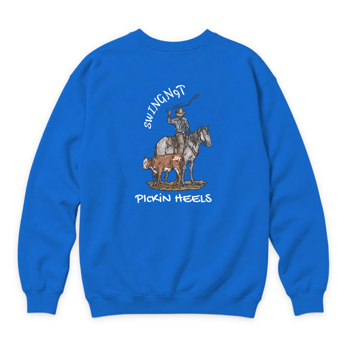 Pickin Heels Crewneck — True Royal — back view on white
