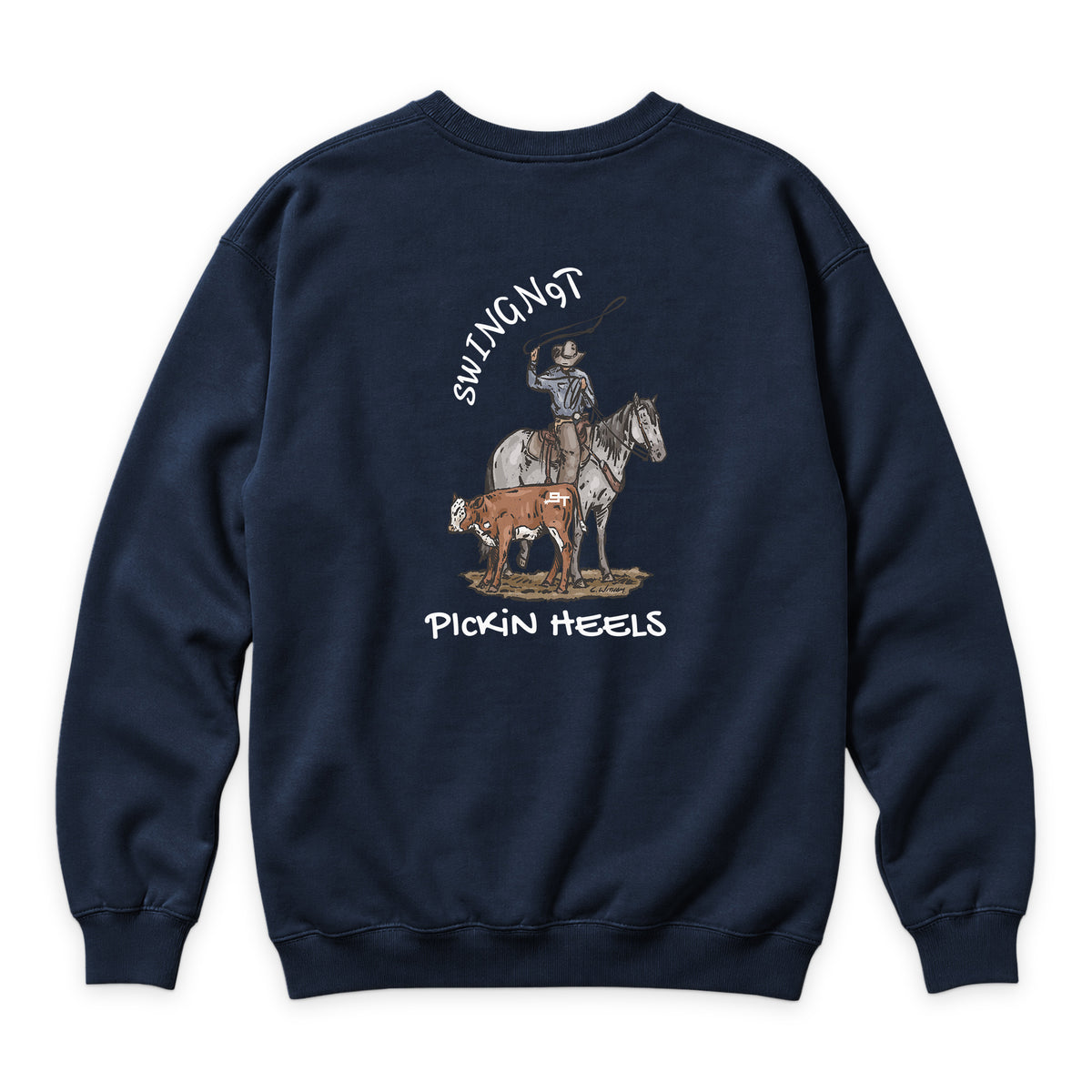 Pickin Heels Crewneck — Navy — back view on white