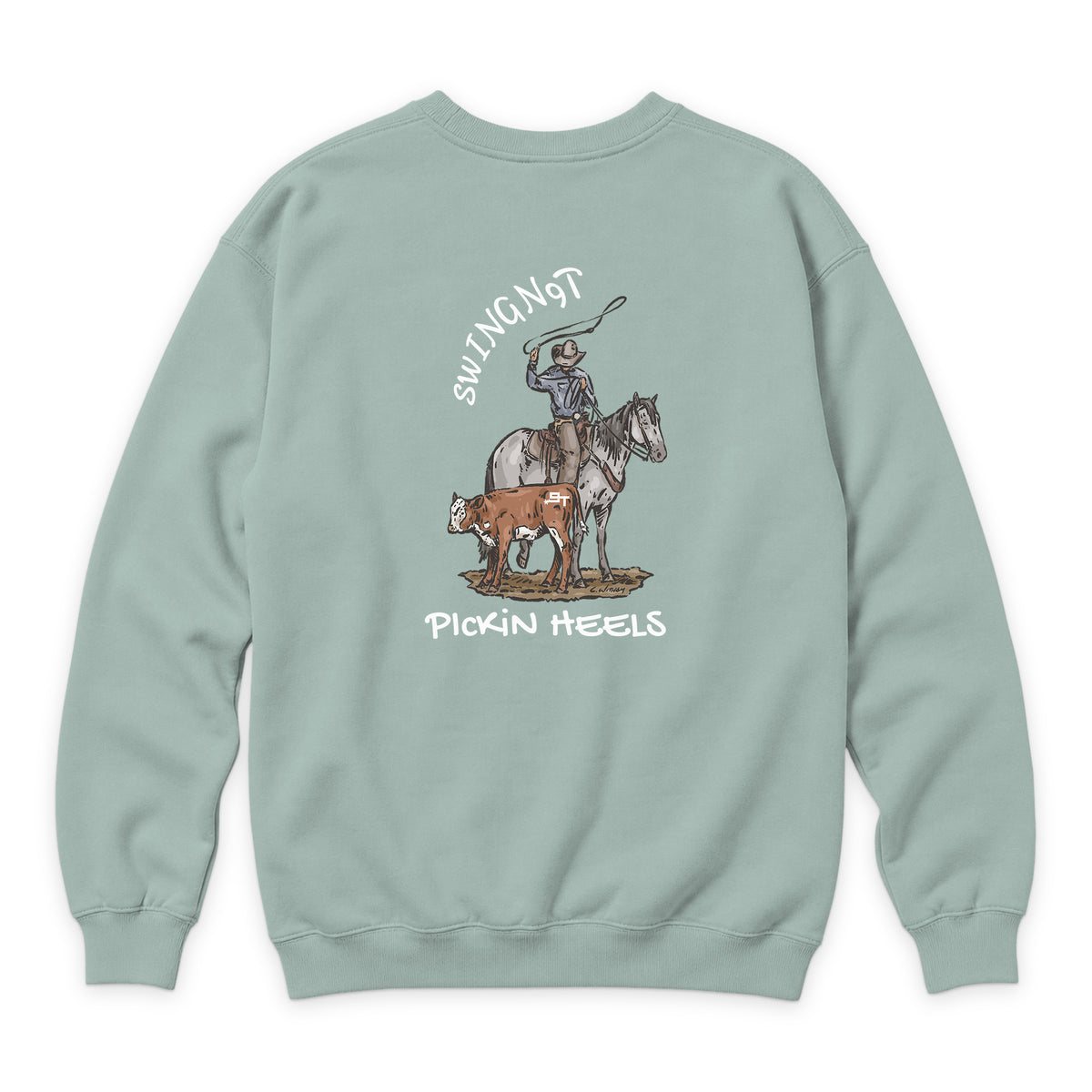 Pickin Heels Crewneck — Seafoam — back view on white