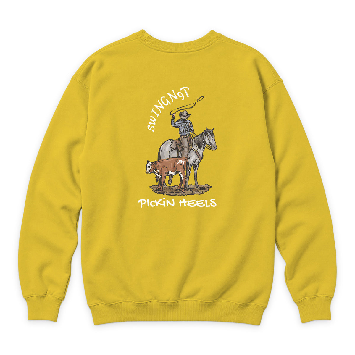 Pickin Heels Crewneck — Lemon — back view on white