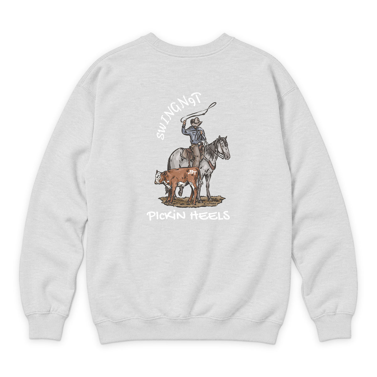 Pickin Heels Crewneck — Oatmeal Heather — back view on white