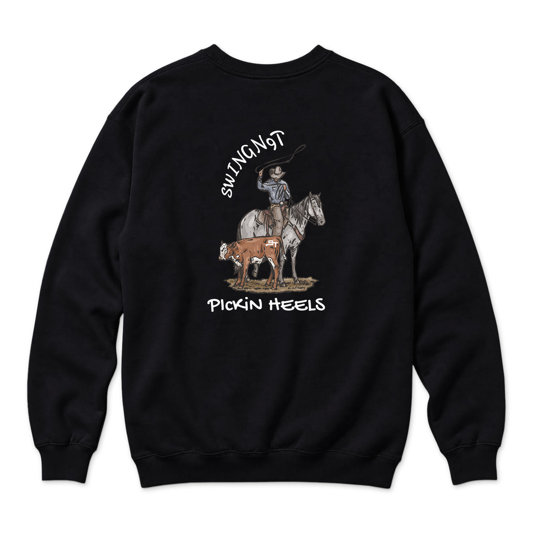 Pickin Heels Crewneck — Black — back view on white