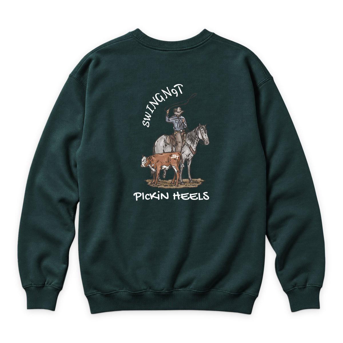 Pickin Heels Crewneck — Sports Green — back view on white