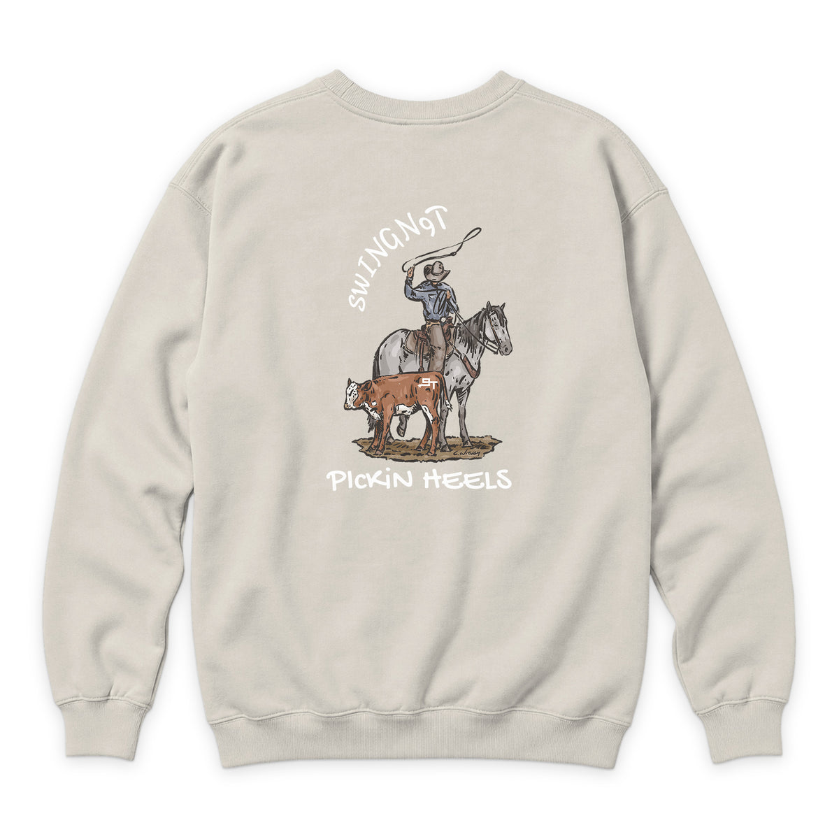 Pickin Heels Crewneck — Sandshell — back view on white