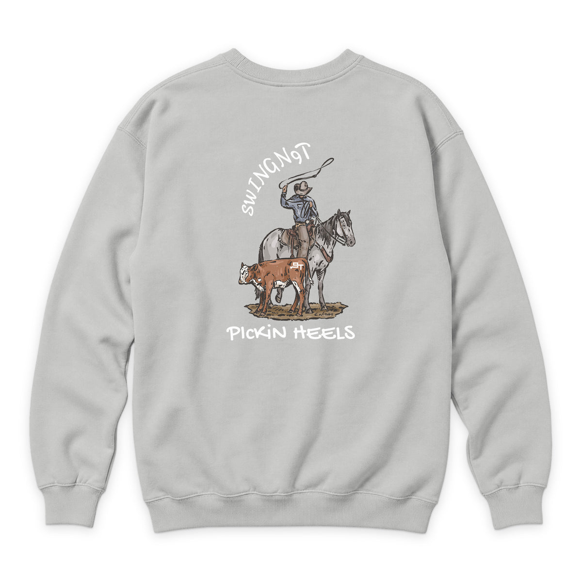 Pickin Heels Crewneck — Dove Grey — back view on white