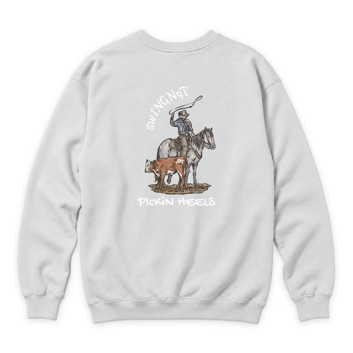 Pickin Heels Crewneck — White — back view on white