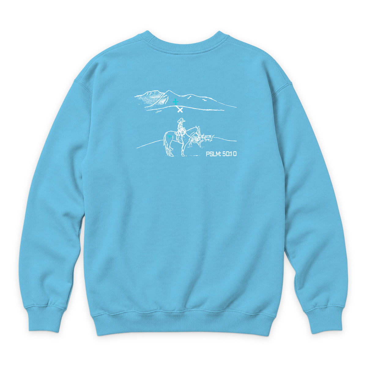 PSLM 50:10 Crewneck — Ocean Blue — back view on white
