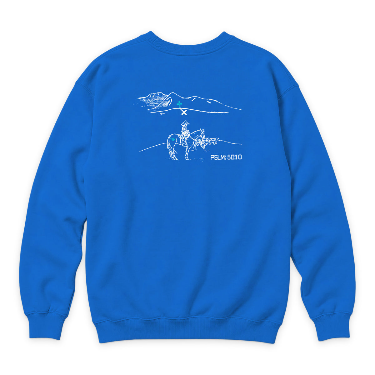 PSLM 50:10 Crewneck — True Royal — back view on white
