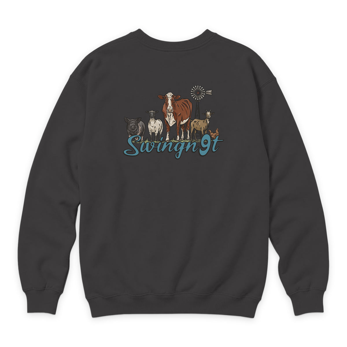 Livestock Crewneck — Smoke — back view on white