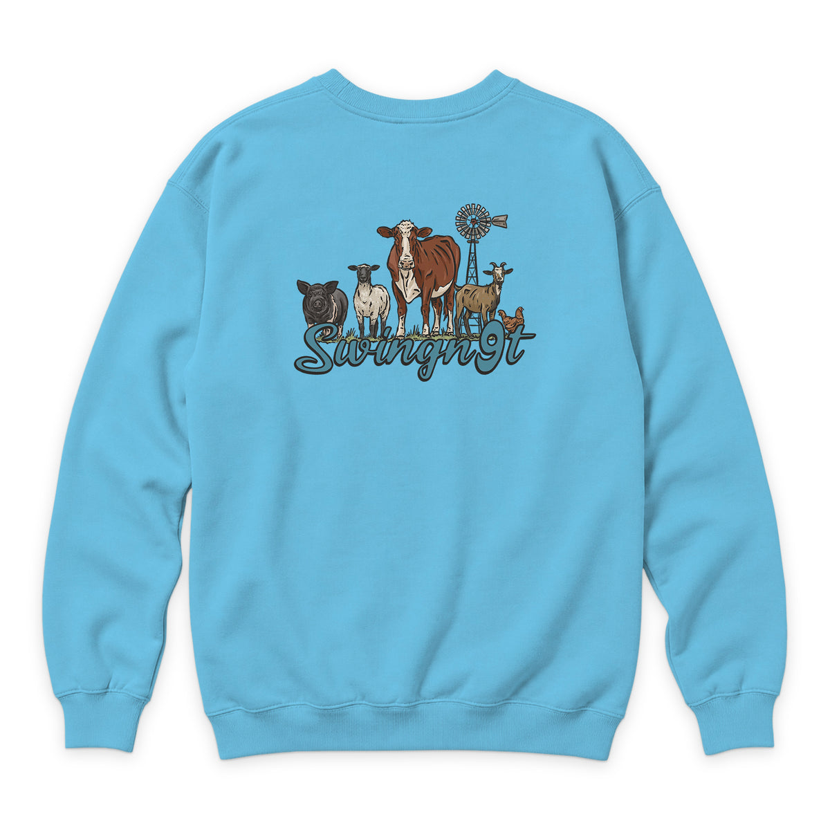 Livestock Crewneck — Ocean Blue — back view on white