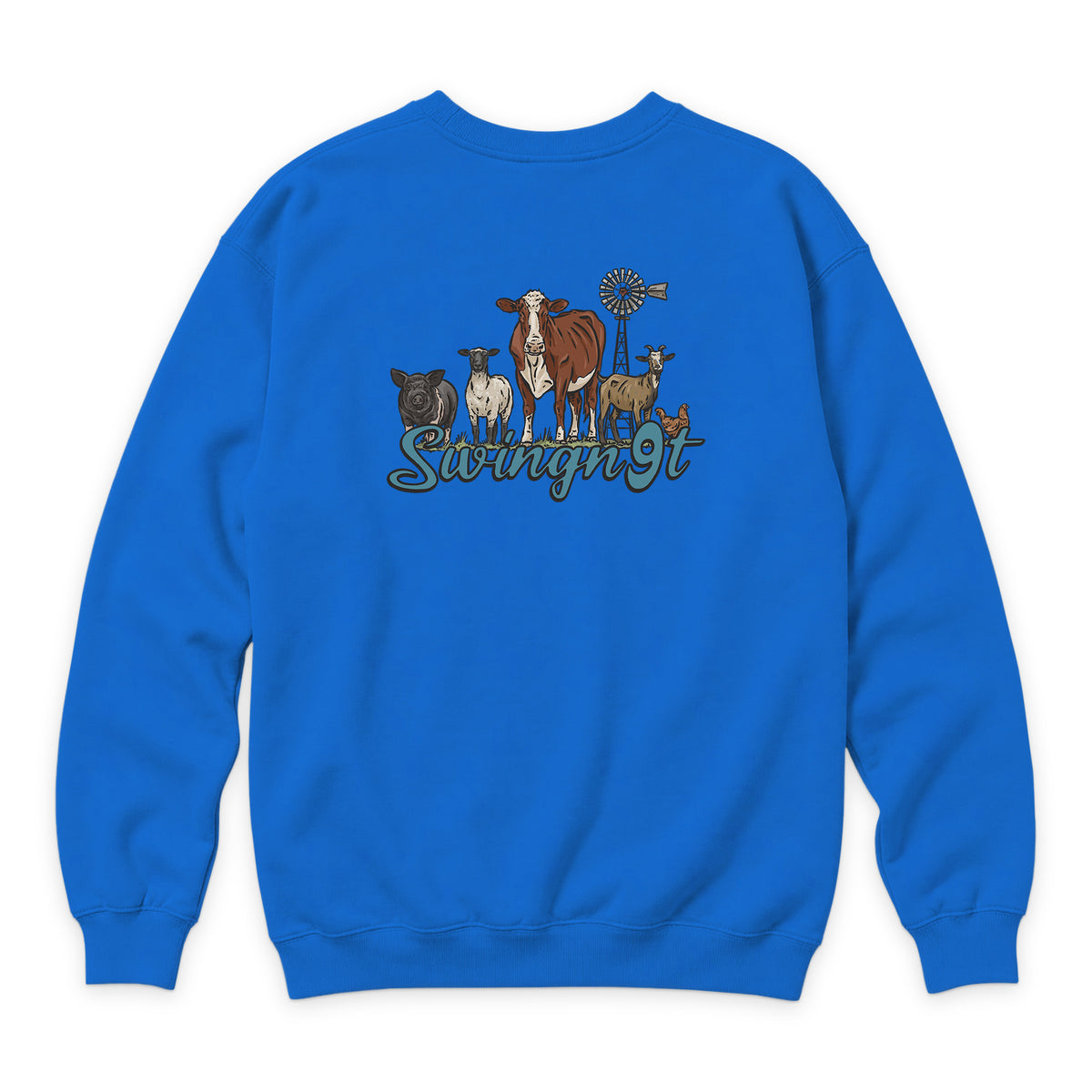 Livestock Crewneck — True Royal — back view on white