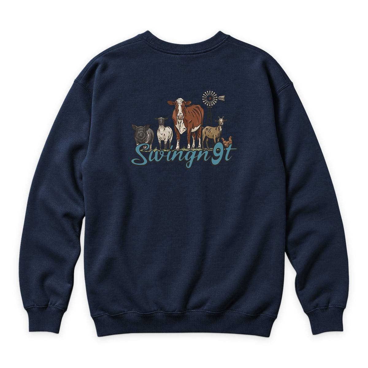 Livestock Crewneck — Navy — back view on white