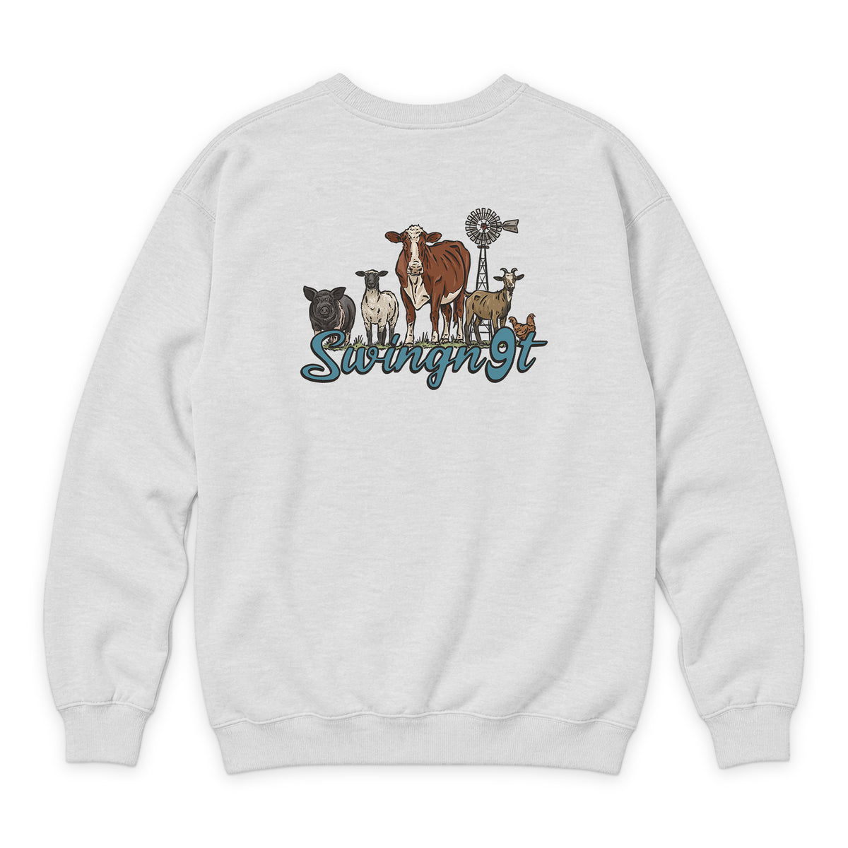 Livestock Crewneck — Oatmeal Heather — back view on white