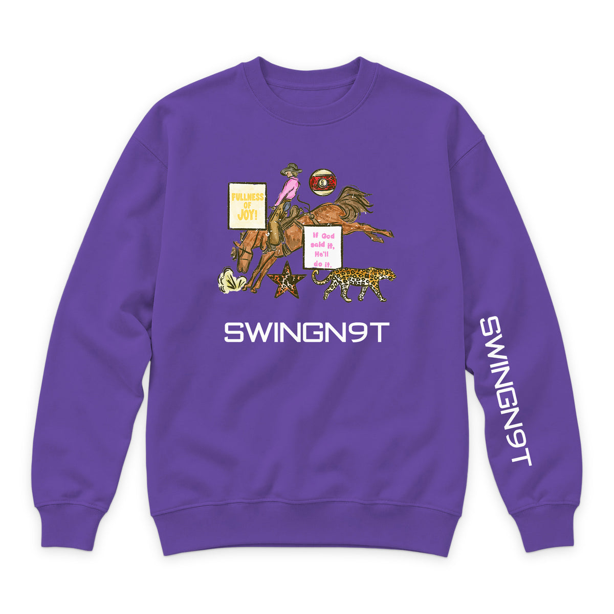If God Said It Crewneck — Purple — front view on white