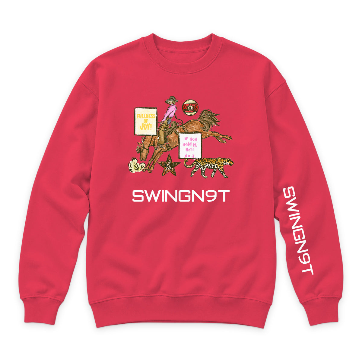 If God Said It Crewneck — Cardinal — front view on white
