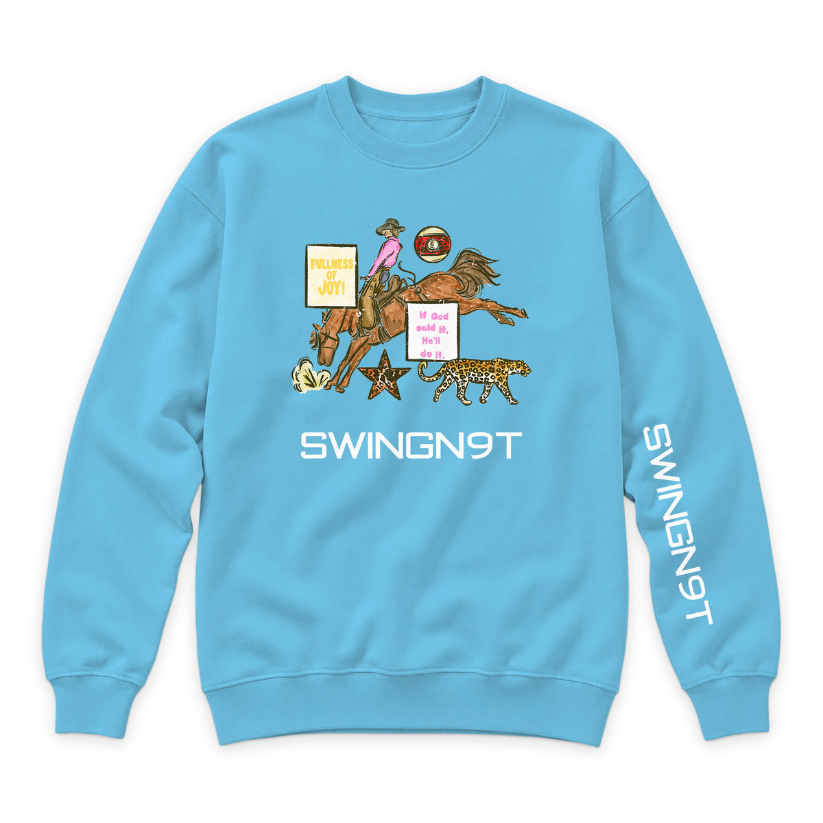 If God Said It Crewneck — Ocean Blue — front view on white