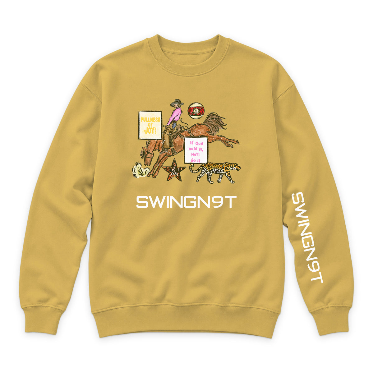 If God Said It Crewneck — Antique Gold — front view on white