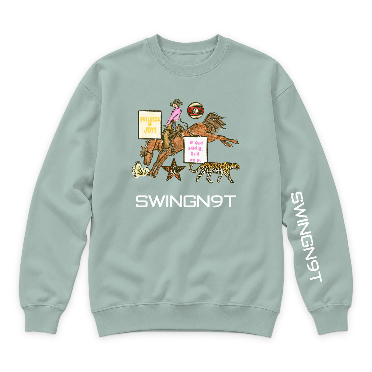 If God Said It Crewneck — Seafoam — front view on white