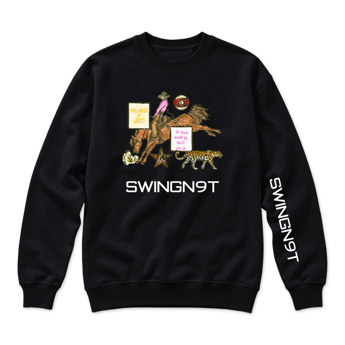 If God Said It Crewneck — Black — front view on white