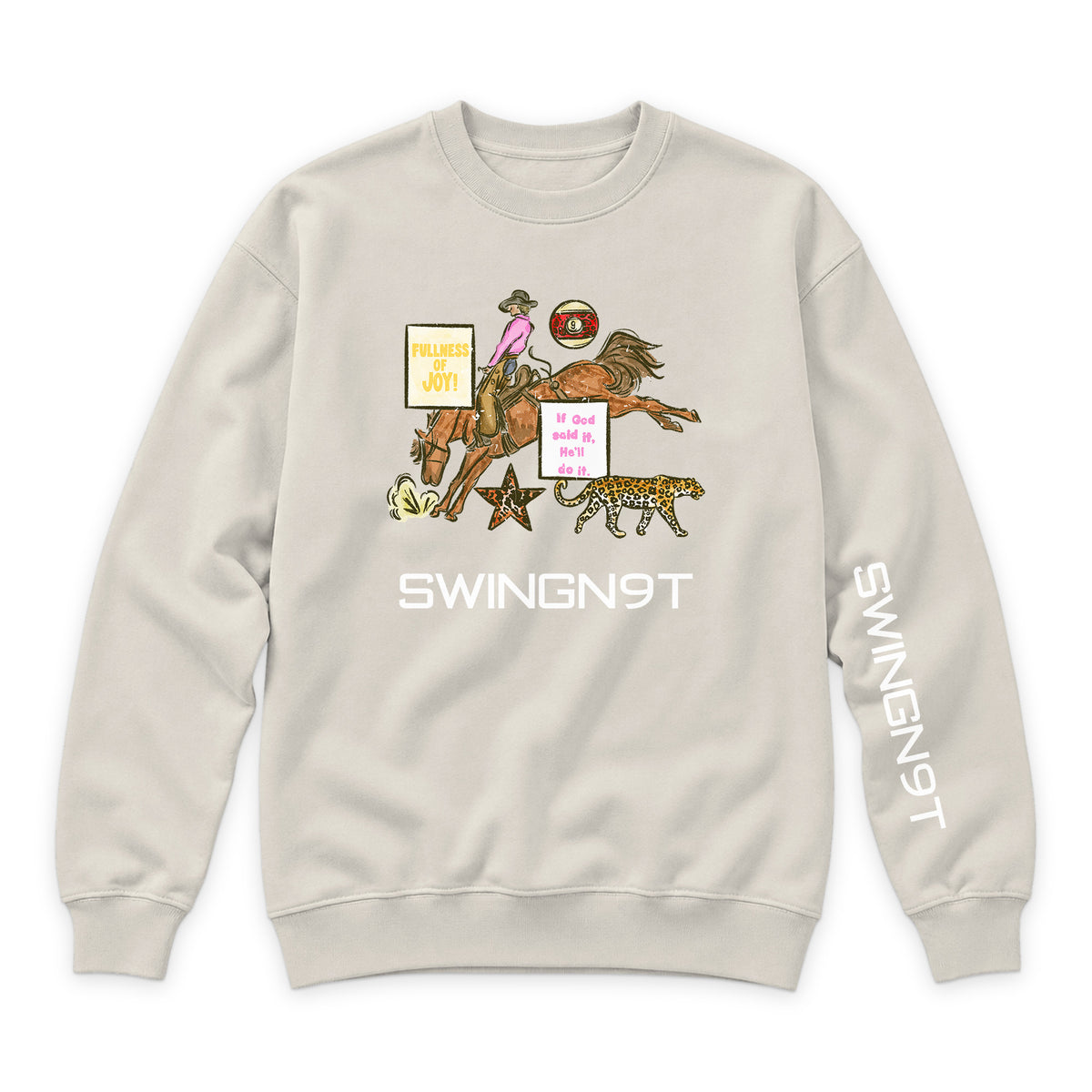 If God Said It Crewneck — Sandshell — front view on white
