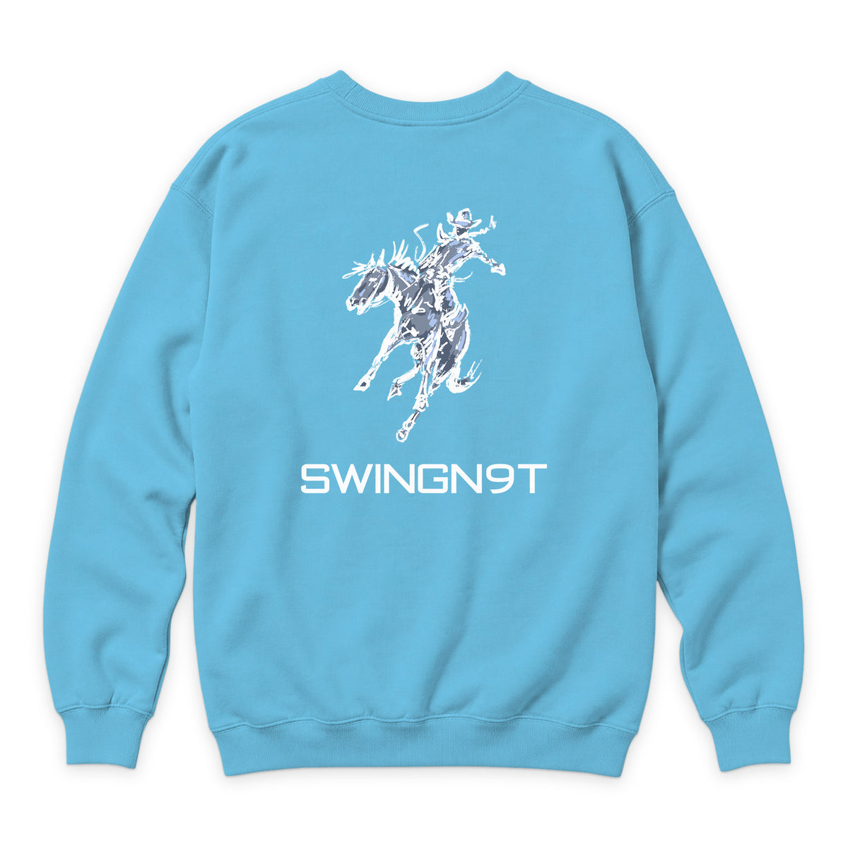 High Voltage Crewneck — Ocean Blue — back view on white