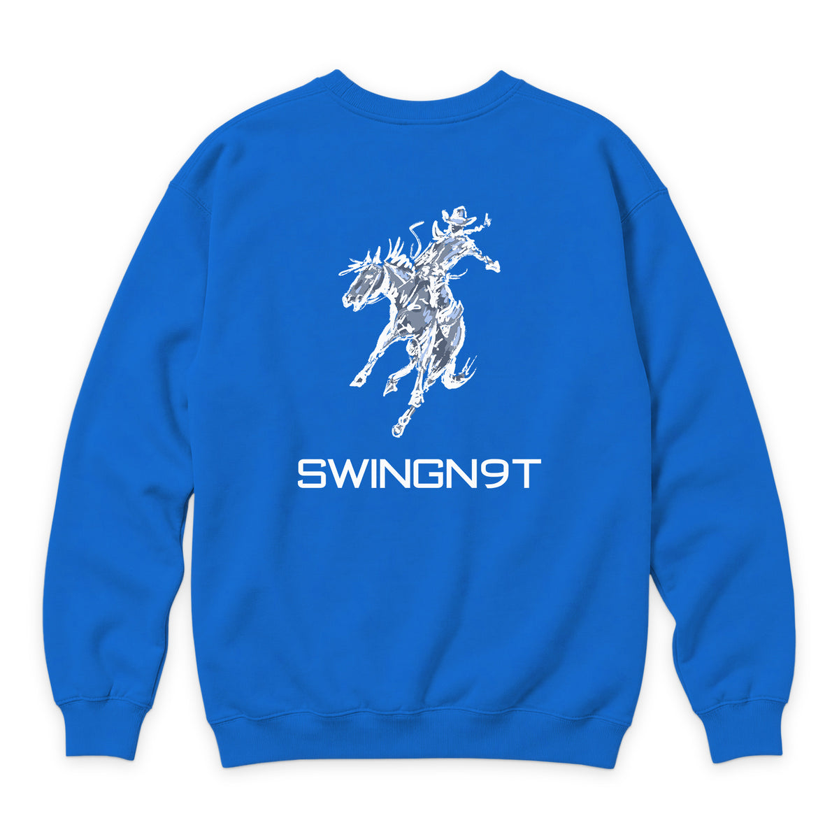 High Voltage Crewneck — True Royal — back view on white