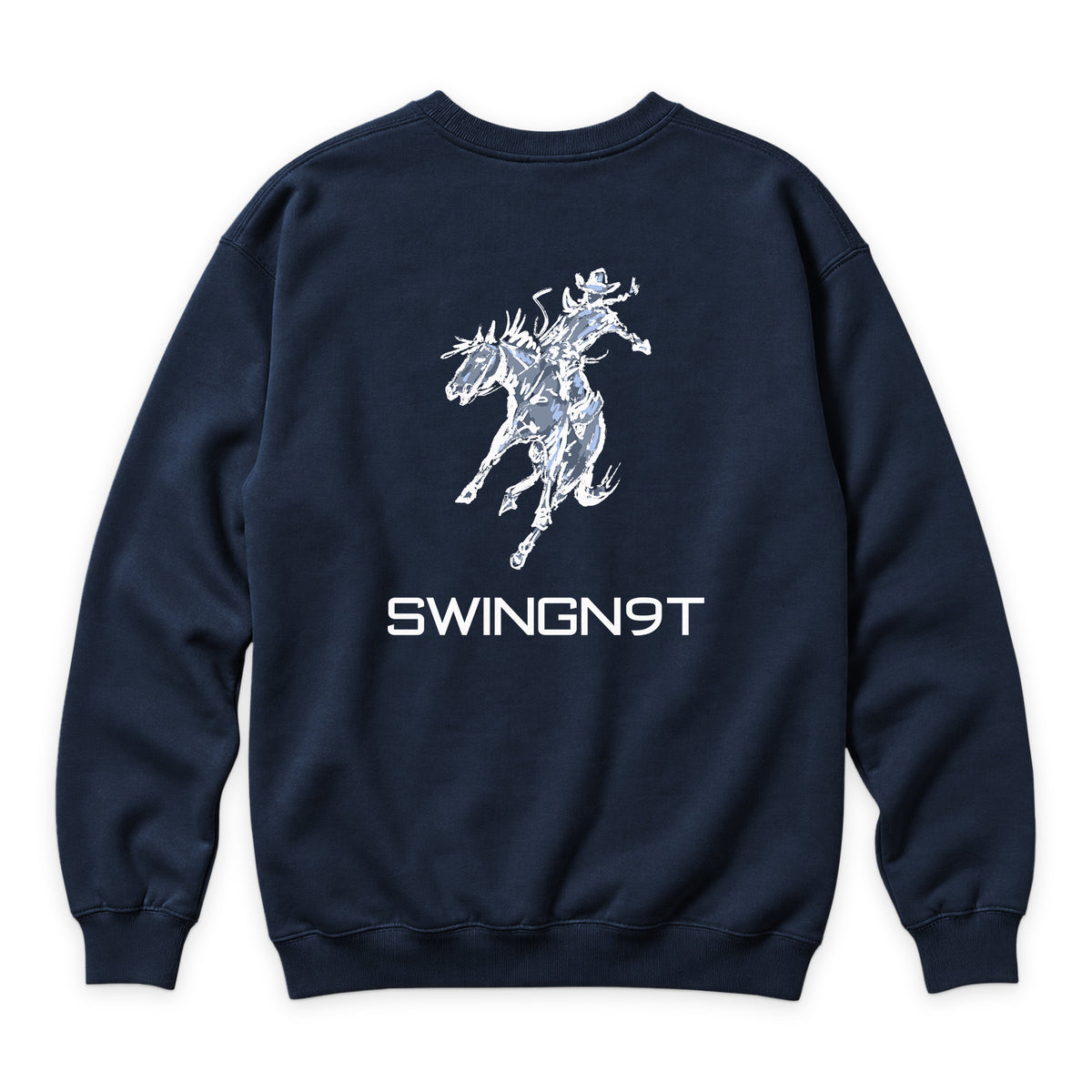 High Voltage Crewneck — Navy — back view on white