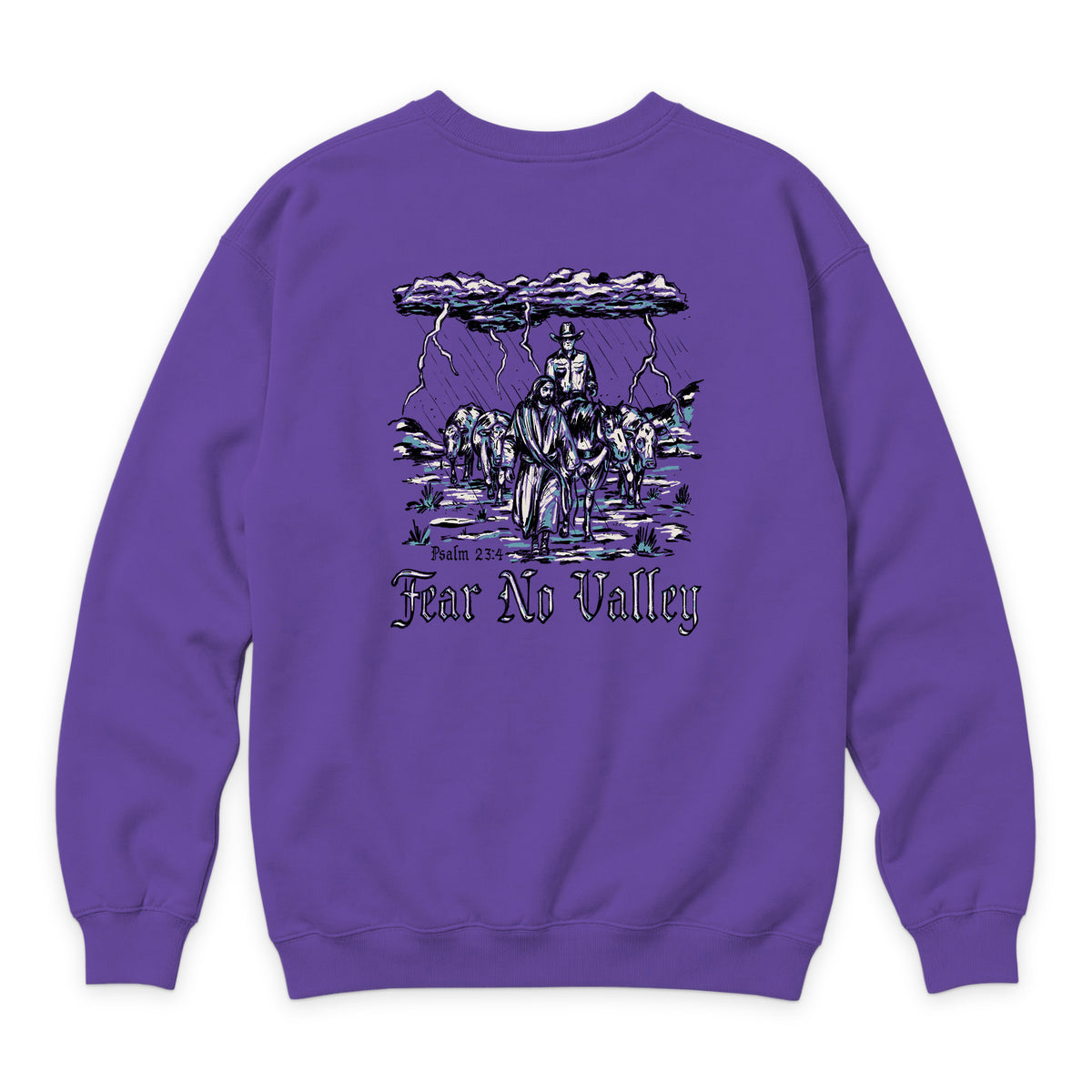 Fear No Valley Crewneck — Purple — back view on white