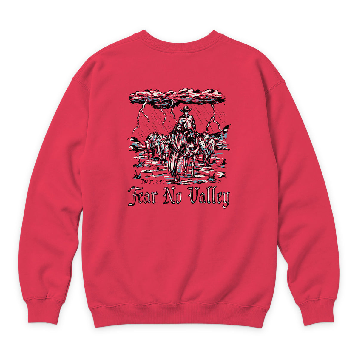 Fear No Valley Crewneck — Cardinal — back view on white