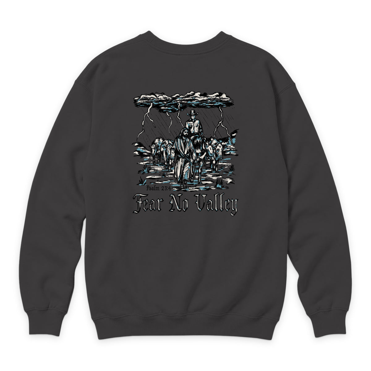 Fear No Valley Crewneck — Smoke — back view on white