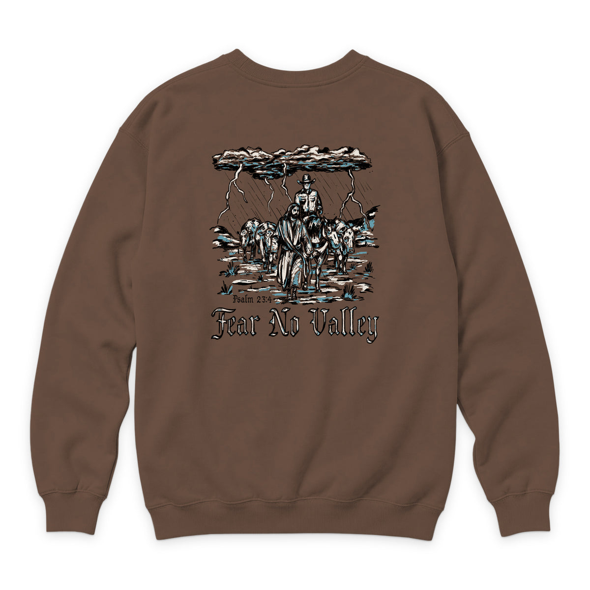 Fear No Valley Crewneck — Chestnut — back view on white